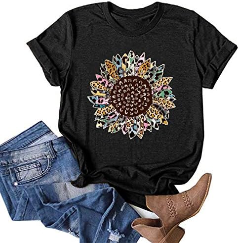 Letulенски сончоглед летен маица плус големина лабава блуза врвови девојки кратки ракави цветни печати обични симпатични графички