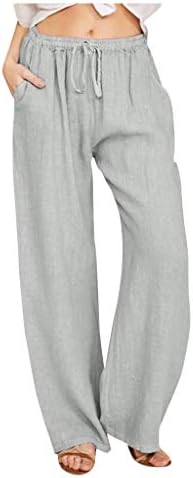 Летните панталони за жени од Beibeia, обични памучни постелнини цврсти широки нозе, еластична половината, панталони со долги панталони