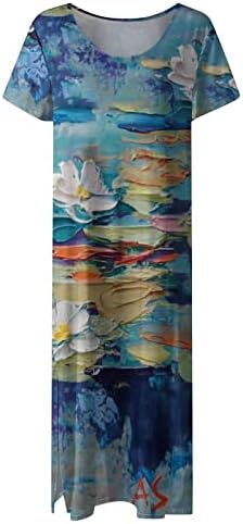 Lutmen'sенски летни макси фустани цветни печати кратки ракави плажа Фустан мода обичен екипаж страничен сплит долги фустани