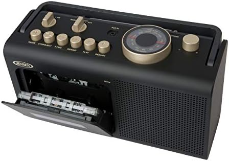 Jensen MCR-250 Преносен Boombox Retro Home Audio Stereo AM/FM Radio & Tape Cassette Player/Recorder со Aux input приклучок & вграден во звучници
