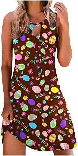 Среќен фустан на Велигденски ден за жени Смешни велигденски јајца за зајаче за зајаче печатење без ракави без ракави, фустан со