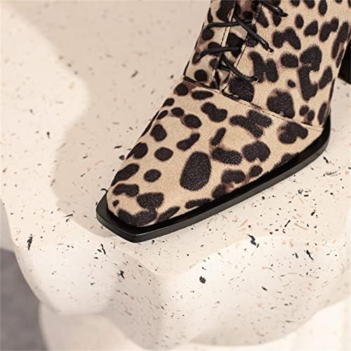 WASHERCE Side Teal женски чизми колено високи дами мода леопард печатење зашилена предна чипка нагоре од страна на патент, дебела висока потпетица,