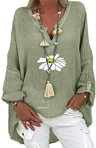 MTSDJSKF женски долги ракави врвови ленени кошули V вратот памучен блуза графичка мета удобна летна летна туника Висока низок врв