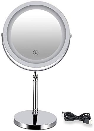 Кммк Специјално Огледало за Шминка,7 Инчни Лед Осветлени Двострани Десктоп Стоечки Огледала ЗА Шминка USB Полнење 1x Зголемување Хотел Ротирачки