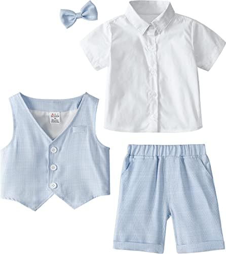 А & Ј Дизајн Дет костум, господин облека за момчиња, облека од 3 парчиња сет кошула и елек и шорцеви со лак