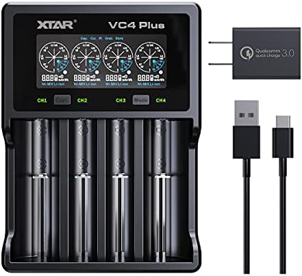 XTAR VC4 Plus Battery 3A Брз полнач, 4 Bay Полнач за полнач на батерии Продолжете верзија за 3.6V 3,7V 18650/20700/21700 Li-Ion IMR INR