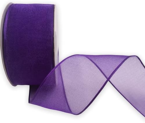 XMRIBBON Виолетова Чиста Органза Лента Жичен Раб 1-1/2 Инчи X 25 Јарди За Пакување Подароци, Свадба, Декорација На Забави