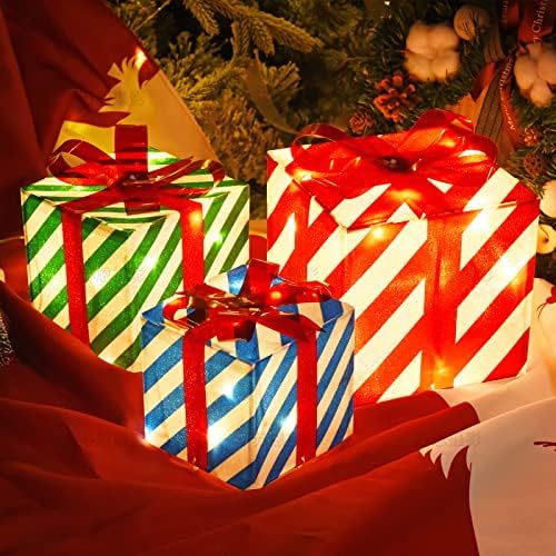Сет од 3 Божиќни осветлени кутии за подароци за Божиќни украси, осветли подароци со 60 LED светла, совршени за Божиќ, затворено и отворено надвор од дворот