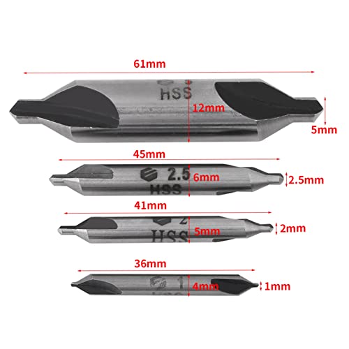 Вежби за центрирање, 4PCS 60 степени HSS Центар за вежба за вежбање Поставете 1/2/2,5/5mm CountersInk Алатки, метали и повеќенаменски