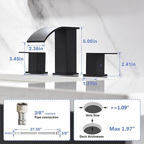 Bravebar црн водопад тапа за бања 3 дупки - широко распространета тапа за мијалник за бања | Две рачки за лабални мијалник за суета со склопување на мозоци и линии за снаб