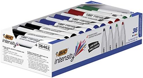 BIC Интензитет со низок мирис на миризба маркер, 36 пакет, врв на длето, разновидни бои, бришење чисто, нетоксични маркери