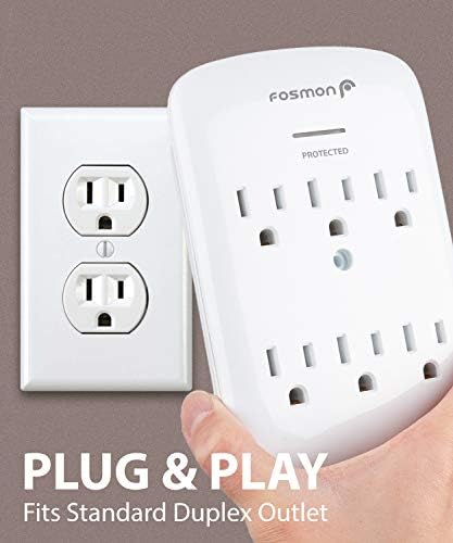 Fosmon 6-Outlet Power Strip Surge Protector 1200 Joules, Adapter Wall Mount Adapter Tap, Multi-Plug Outlet Wall Charger Extender, станица за полнење, ETL наведен за дома, соба за домови и канцеларија-Бела