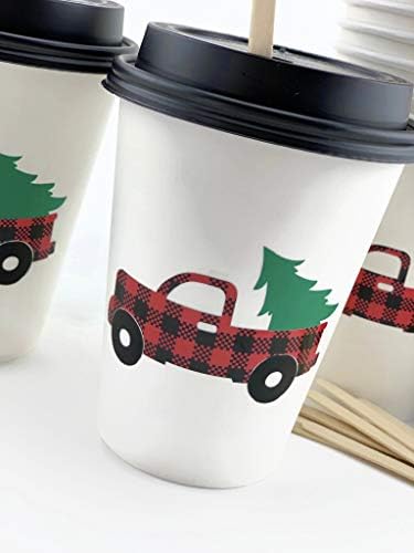 Бафало карирани чаши за хартија за забави за Божиќни камиони со капаци и мешалки