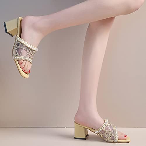 Жени обични сандали лето пролет и лето модни модни сандали дебели потпетици средна потпетица обична мрежа од бисери од бисери