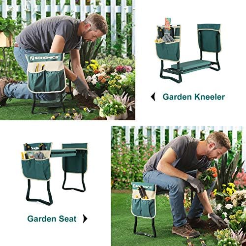 Градина на песни и седишта, градинарски подароци за жени мажи, склопување на столче за градинарство, со мека густа рампа за колена, темно зелена uggk50L