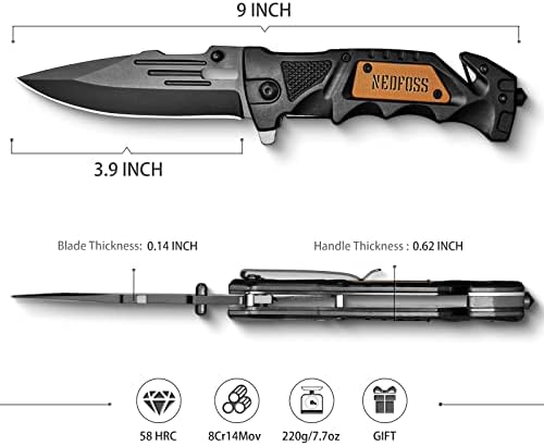 Нож за преклопување на џебот Nedfoss DA75, 3 во 1 кампување џеб нож за мажи, нож за преживување со клип за ремен, секач за безбедносни