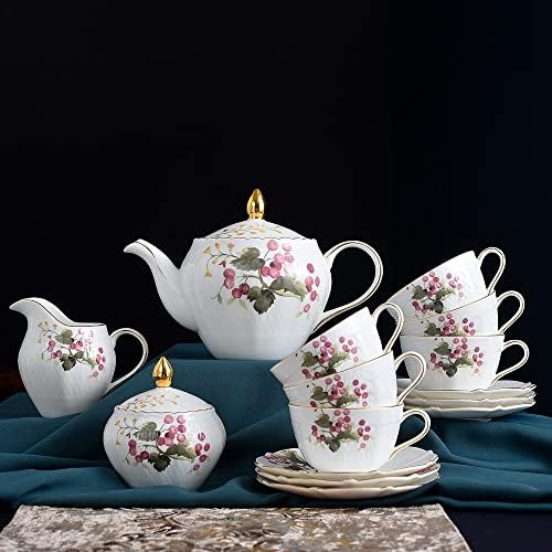 Trexd 15 парчиња Златен раб за олеснување керамика розова боја цреша кафе сетови со чајник керамички чајник и сет на чаши