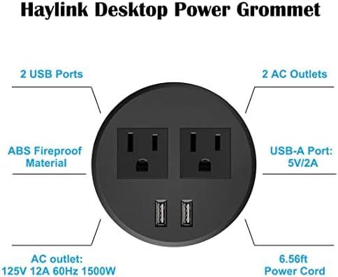 Grommet Power Power, Haylink Desk Cover Grommet 3,15 инчен вдлабнатост за напојување USB Grommet со 2 рамни приклучоци, поврзете се 6,56ft продолжен кабел, црна