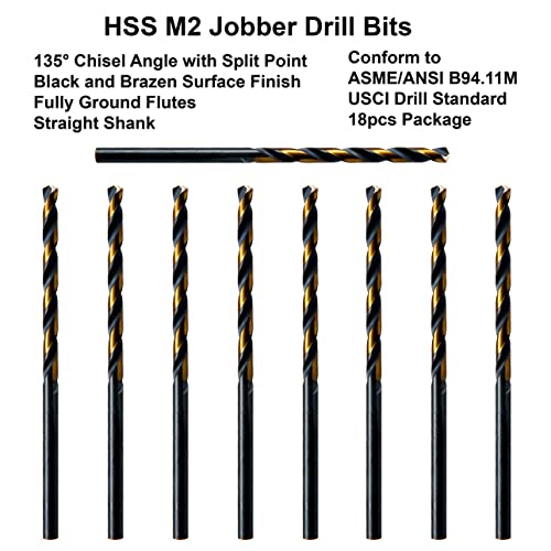 MaxTool 7/64 18pcs Идентични битови со должина на работни места HSS M2 Twist Drill Bits целосно мелен и бронзена права вежби за пратеници; JBF02H10R07E18