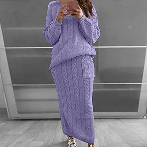 Женски двојно здолниште џемпер костум постави цврст кабел плетени џемпери со долг ракав џемпер облечен топол џемпер облеки