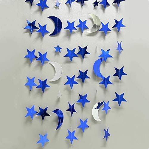 Декор365 Кралските сини сребрени starsвезди и Месечината Гарландс комплет Твинкл Мала starвезда Гаранд/Висини за виси/Банинг Банер за декорација