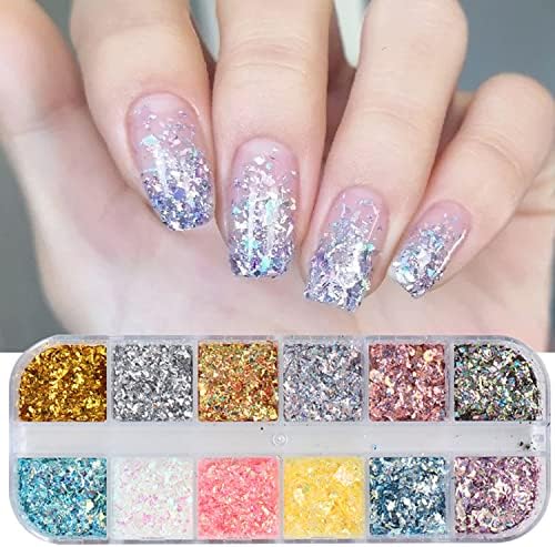 12 бои сјајни нокти уметнички секвенци, холографски неправилни дизајни за нокти, дизајни за ласерски ултра-тенки сјајни акрилни нокти за жени девојки