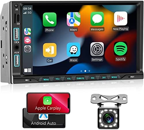 Двоен Дин Автомобил Стерео Со Резервна Камера Безжичен Карплеј Андроид Авто, 7-Инчен Екран На Допир Автомобил Радио Со Bluetooth,