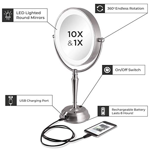Задро 11 LED Осветлена Шминка Огледало СО Зголемување 10x/1x Висок 19 Биро Огледало СО СВЕТЛА USB Полнење Порта