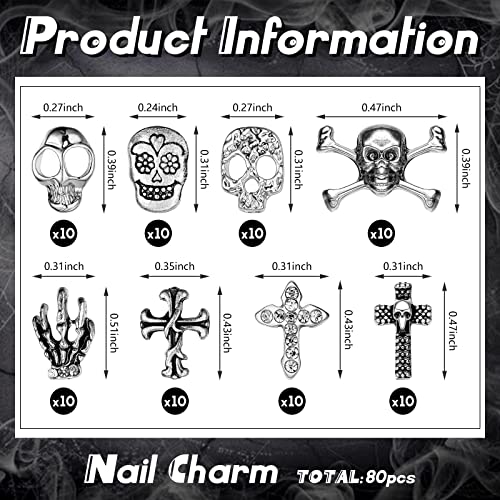 Linyuthia 80 PIECE 3D Skull Cross Nail Charms Silver Silver Nail Charms Sculp Nail налепници за нокти за Ноќта на вештерките сребрена