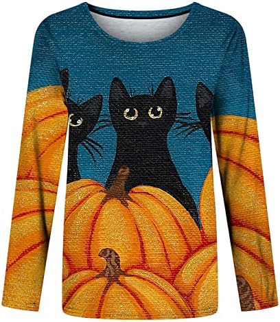 Ноќта на вештерките џемпери жени гроздобер 3Д печатена црна мачка тиква печатена пулвер врвови на екипаж со долги ракави кул кошули