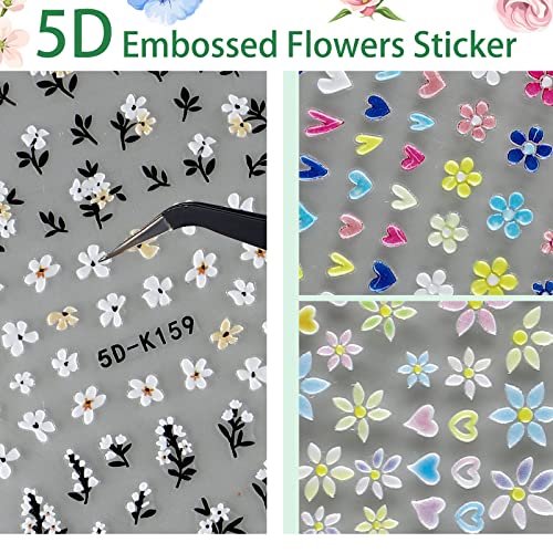 15 листови 5д вградени налепници за цвеќиња со цвеќиња пролетни налепници за уметност на ноктите Исклучителни декорации за нокти за нокти, шарени