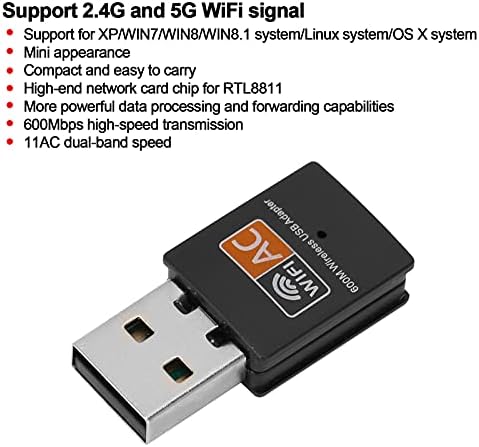 USB WiFi адаптер за компјутер/десктоп/лаптоп, 600Mbps Mini WiFi приемник Поддршка 2.4G/5G WiFi, адаптер за надворешна безжична мрежа со двојна лента за XP/WIN/LINUX/OS X