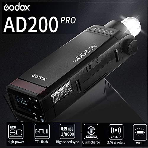 Godox AD200PRO AD200 Pro Pocket Flash Strobe, 2,4g TTL преносен SpeedLite, 200W 1/8000S HSS, 2900mAh Li-Ion батерија, 500 Full